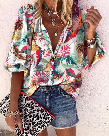 Leaf Print Buttoned Lantern Sleeve Shirt