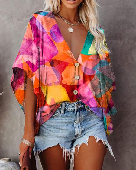 Floral Print Short Sleeve Loose Button-up Blouse