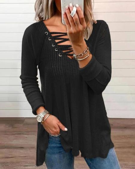 Eyelet Lace-up Long Sleeve Casual Top
