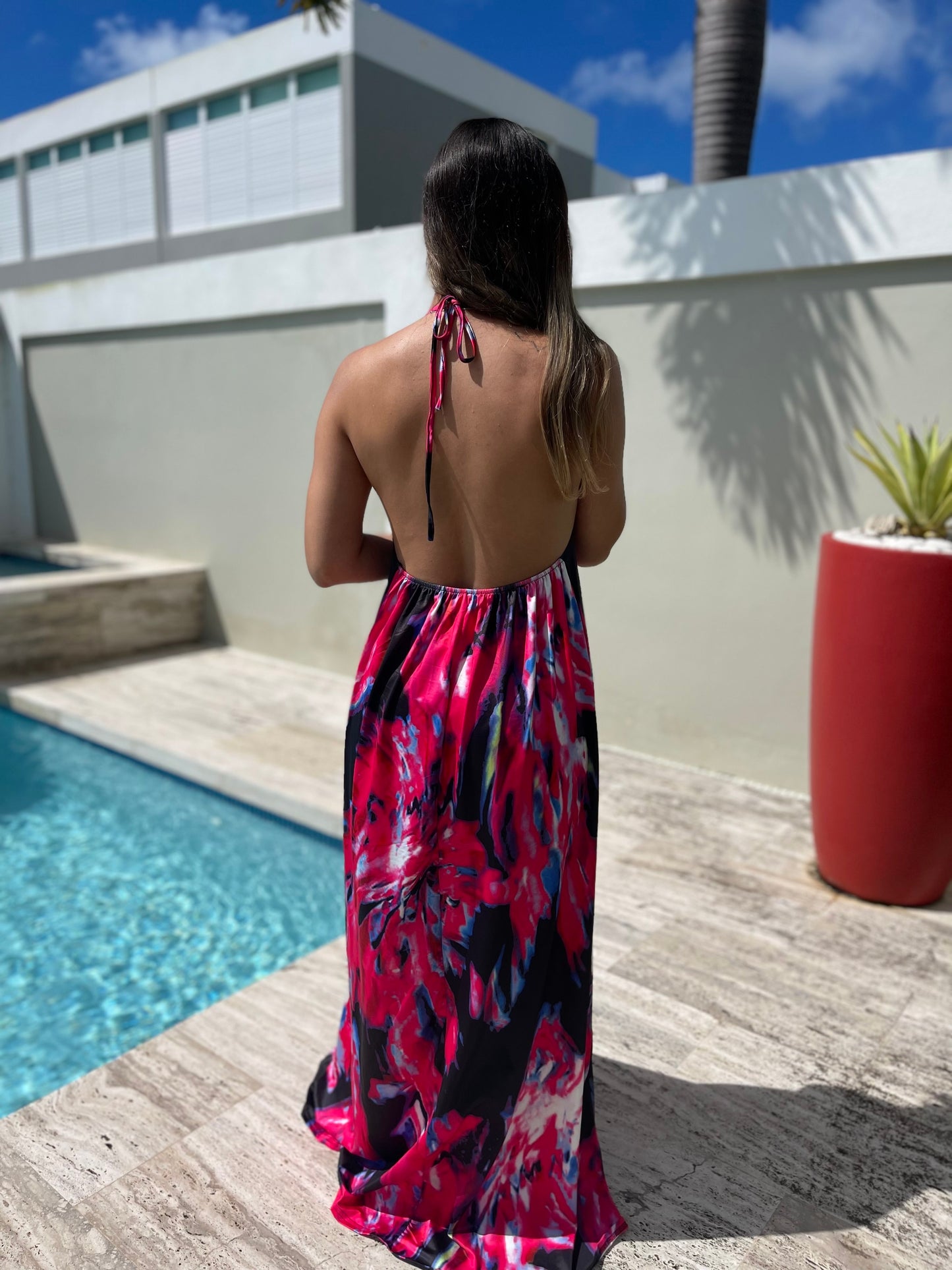 Halter Colorful Print Open Back Maxi Dress