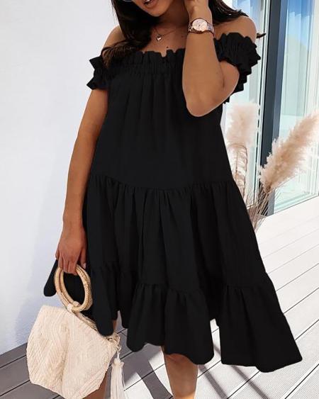 Off Shoulder Frill Hem Plain Ruched Dress