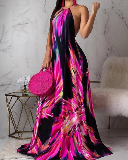 Halter Colorful Print  Open Back Maxi Dress
