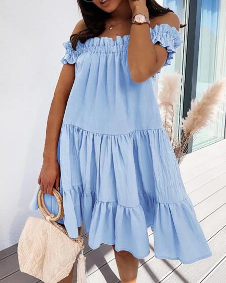 Off Shoulder Frill Hem  Plain Ruched Dress